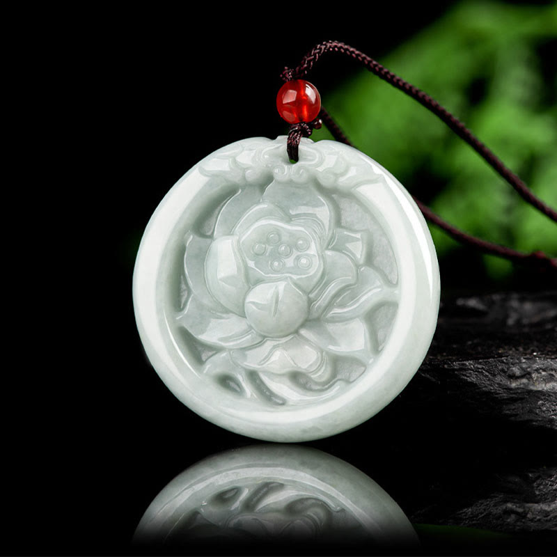 Fortune Jewel Natural Jade Lotus Flower Carved Prosperity Necklace Pendant Fortune Jewel