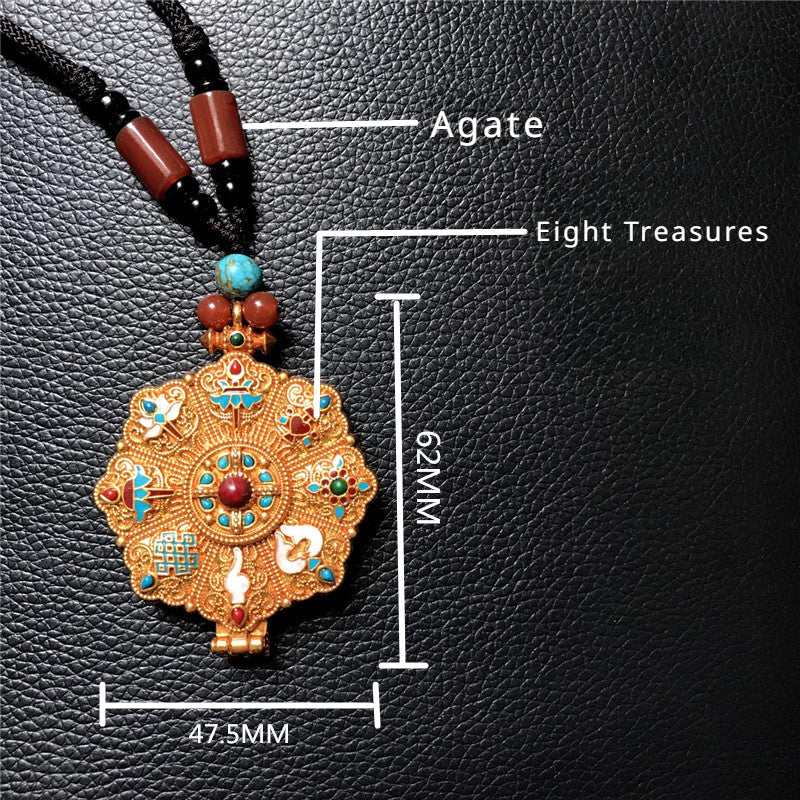 Tibetan Eight Treasures Six-Character Mantra Gau Box Tibetan Necklace Pendant with Gilt Craftsmanship