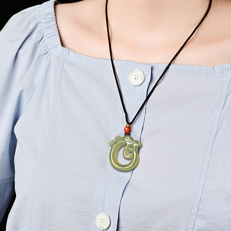 Fortune Jewel White Jade Cyan Jade Dragon Protection Necklace String Pendant Fortune Jewel
