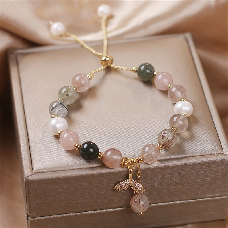 Fortune Jewel Strawberry Quartz Rutilated Quartz Fishtail Charm Healing Bracelet