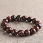 Fortune Jewel 925 Sterling Silver Inlaid Small Leaf Red Sandalwood Om Mani Padme Hum Character Auspicious Clouds Protection Bracelet