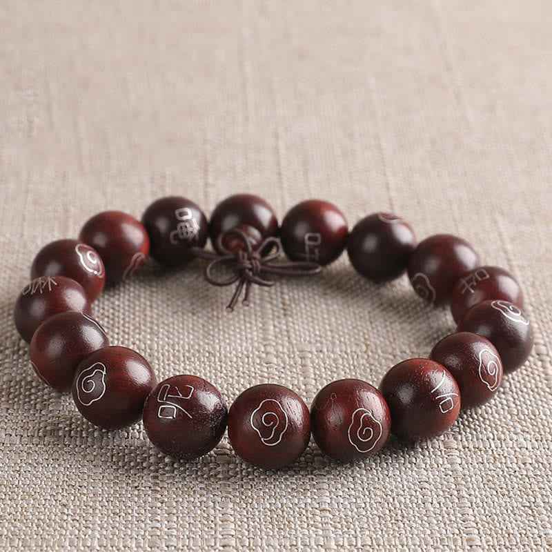 Fortune Jewel 925 Sterling Silver Inlaid Small Leaf Red Sandalwood Om Mani Padme Hum Character Auspicious Clouds Protection Bracelet