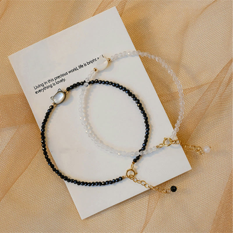 Fortune Jewel 14K Gold Plated Black Spinel White Crystal Cute Cat Tridacna Stone Healing Bracelet