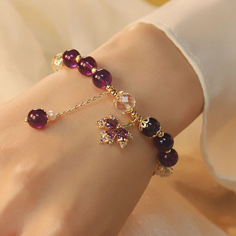Fortune Jewel 14k Gold Plated Natural Amethyst Healing Maple Leaf Charm Bracelet