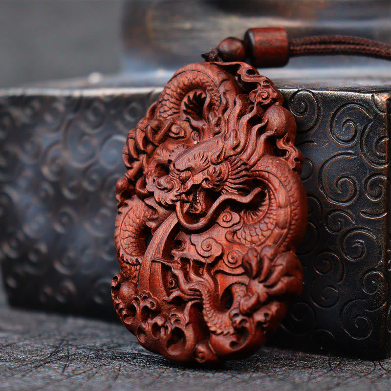 Fortune Jewel Lightning Struck Jujube Wood Double Dragon Relief Ward Off Evil Spirits Necklace Pendant