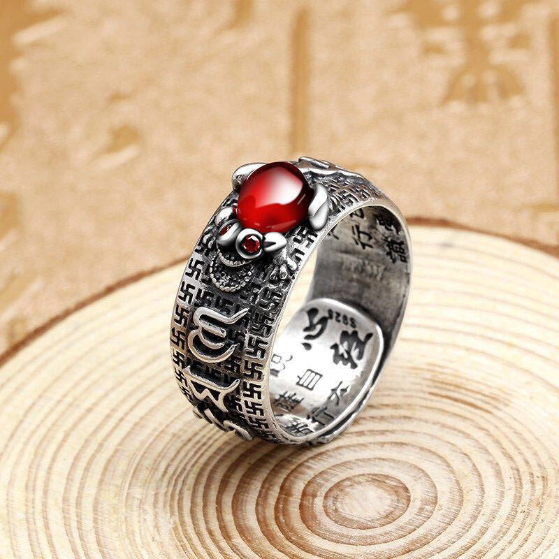 Fortune Jewel Genstone PiXiu Feng Shui Frog Vajra Dorje Heart Sutra Wealth Adjustable Ring