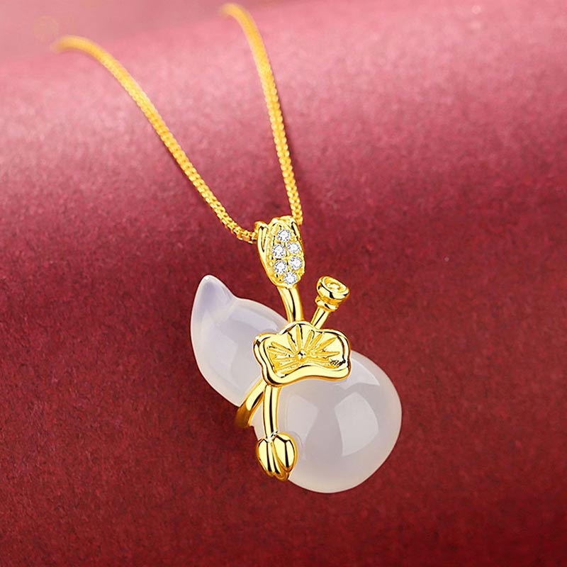 Fortune Jewel Cyan Jade Gourd Lotus Leaf Abundance Pendant Necklace Fortune Jewel