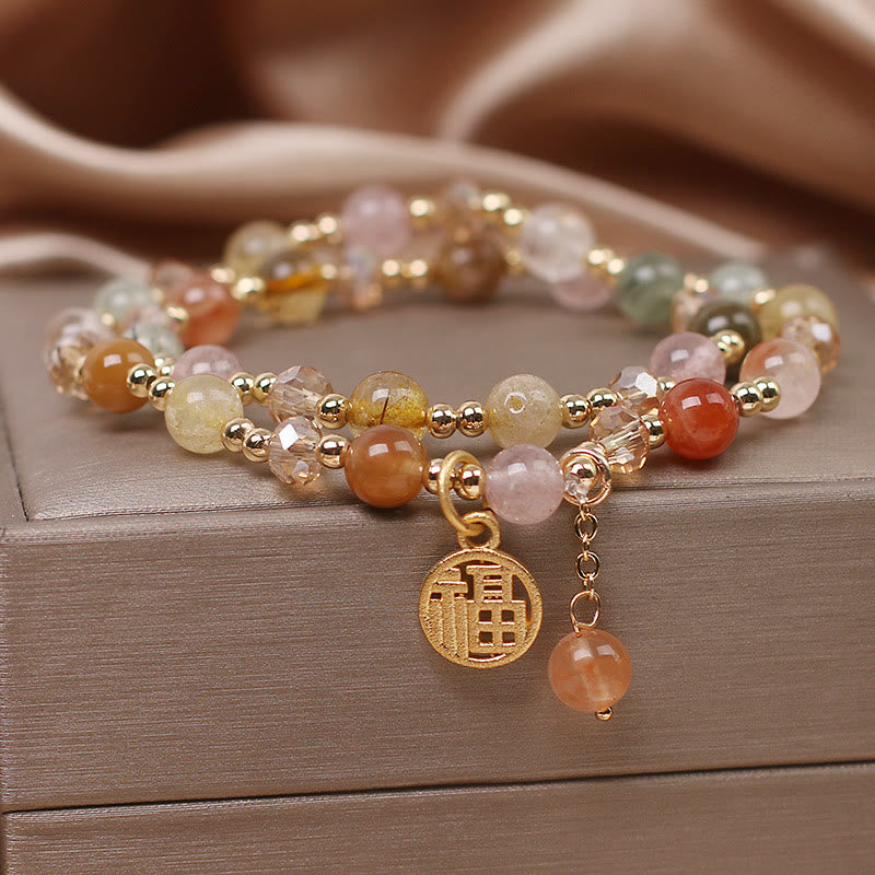 Fortune Jewel Multicolored Rutilated Quartz Fu Character Auspiciousness Bracelet