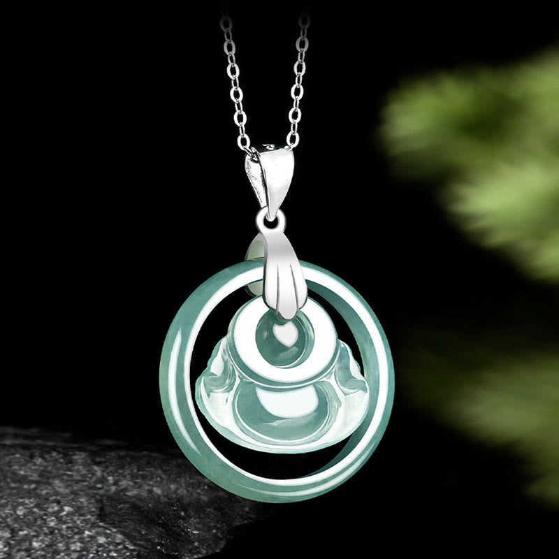 Fortune Jewel Natural Jade Round Laughing Buddha Abundance Titanium Steel Chain Necklace Pendant Fortune Jewel