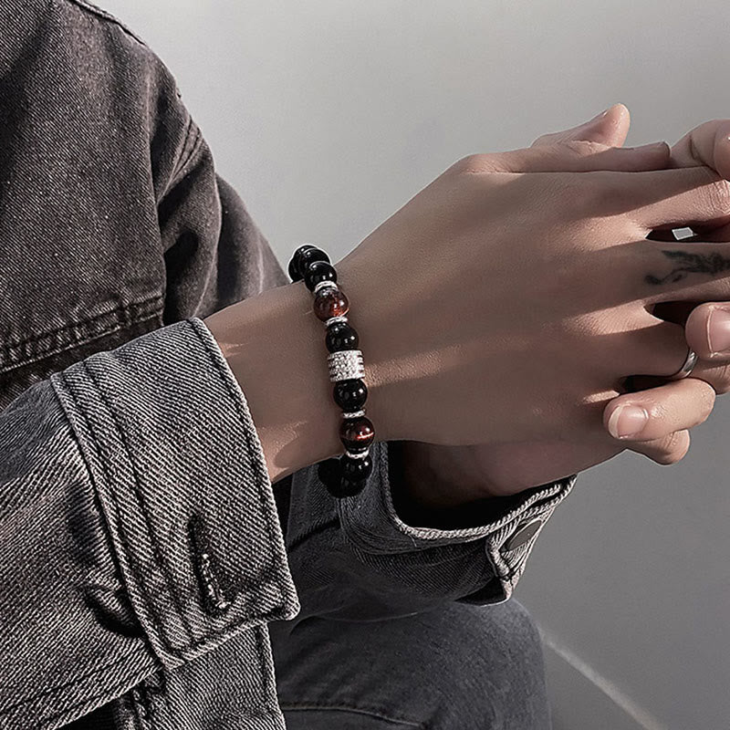 Fortune Jewel Natural Black Obsidian Tiger Eye Strength Fulfillment Bracelet