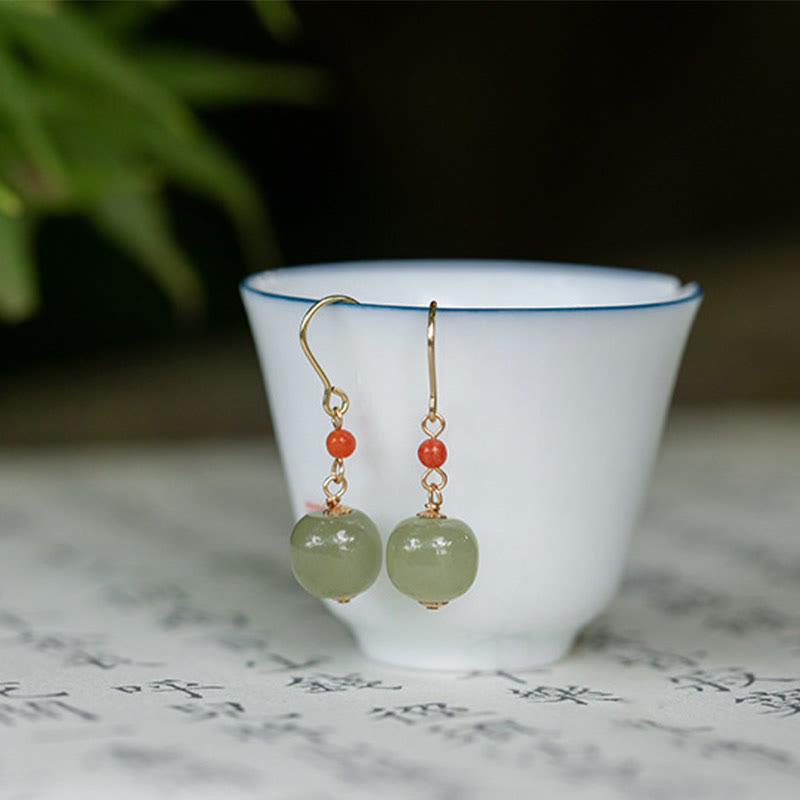 Fortune Jewel 925 Sterling Silver Plated 14k Gold Hetian Jade Red Agate Luck Drop Dangle Earrings