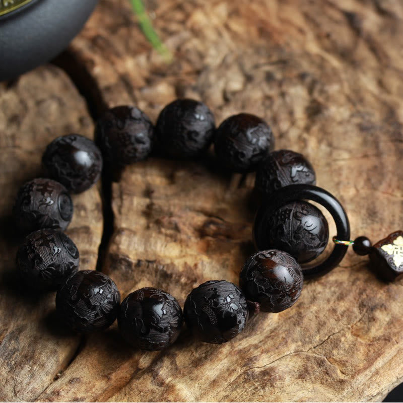 Fortune Jewel Ebony Wood Chinese Character Yin Yang Engraved Gourd Balance Bracelet Fortune Jewel