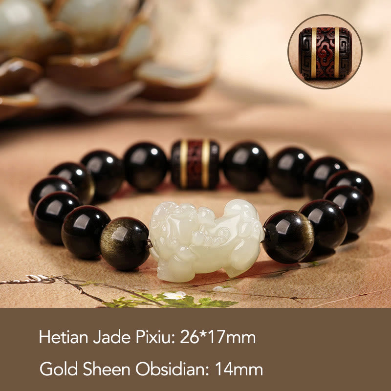Fortune Jewel Natural Gold Sheen Obsidian Hetian Cyan Jade White Jade PiXiu Wealth Bracelet