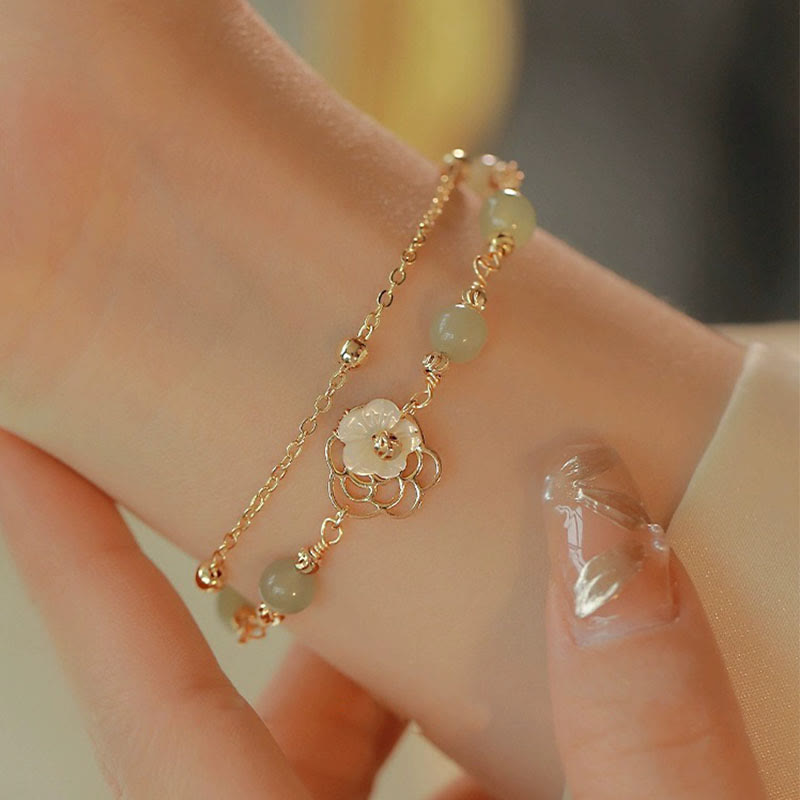 Fortune Jewel 14K Gold Plated Jade Butterfly Tridacna Stone Flower Double Layer Luck Bracelet