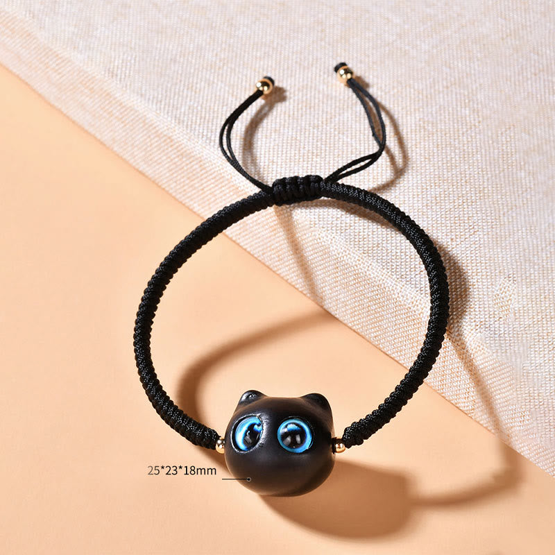Fortune Jewel Ebony Wood Cat Head Pattern Peace King Kong Knot Braided Bracelet
