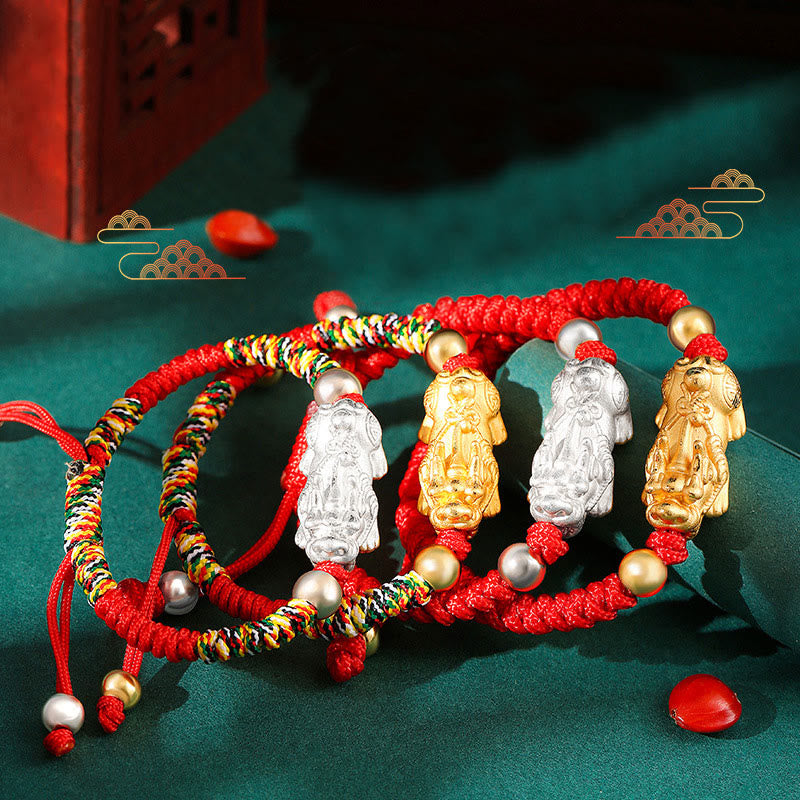 Fortune Jewel 999 Sterling Silver PiXiu Wealth King Kong Knot String Braided Kids Child Bracelet