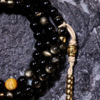 Fortune Jewel 108 Mala Beads Gold Sheen Obsidian Tiger Eye Eagle's Eye Stone Wealth Bracelet