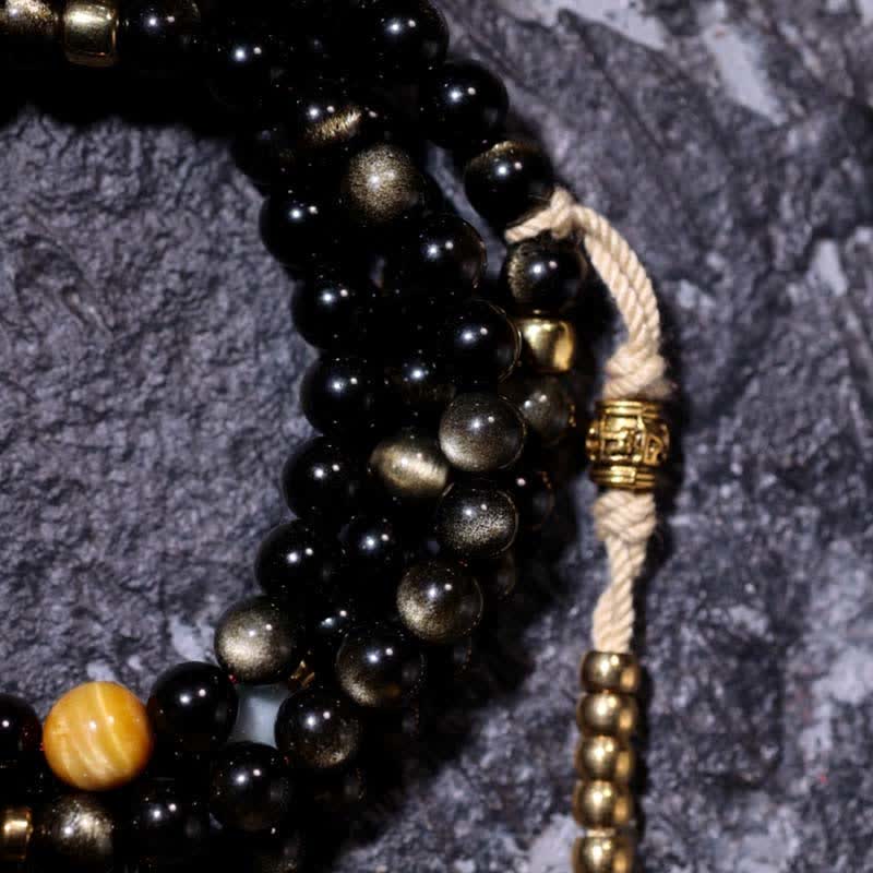 Fortune Jewel 108 Mala Beads Gold Sheen Obsidian Tiger Eye Eagle's Eye Stone Wealth Bracelet