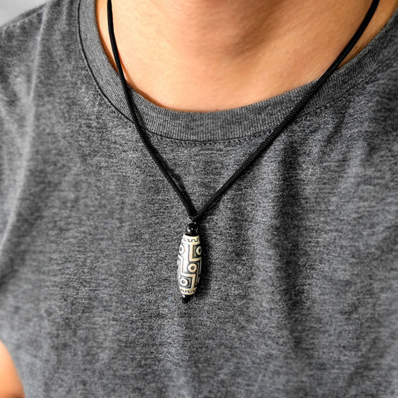 Fortune Jewel Tibet Nine-Eye Dzi Bead Pattern Copper Auspicious Clouds Wealth Necklace Pendant