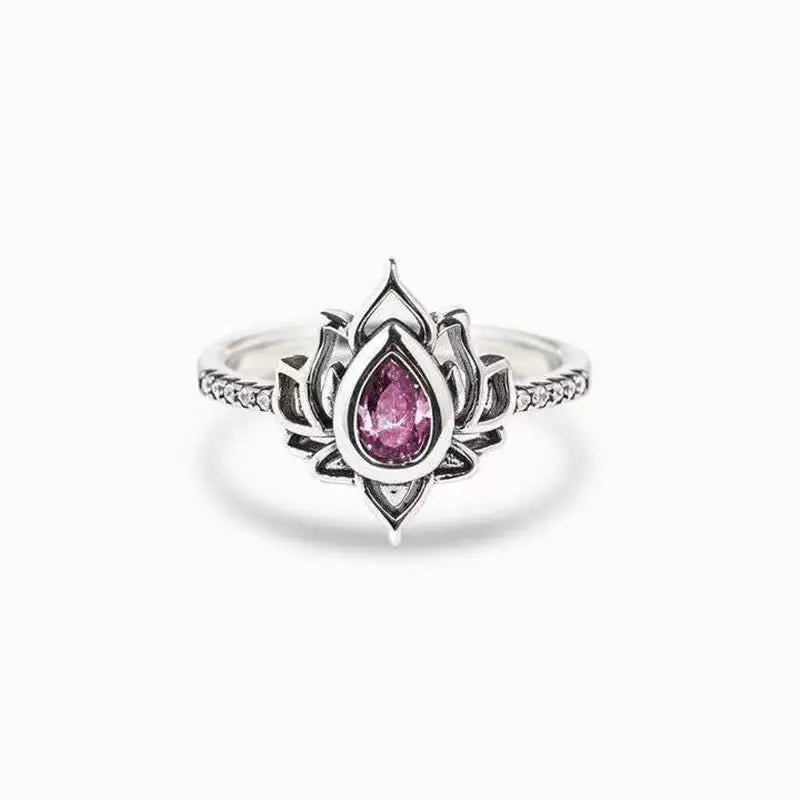 Fortune Jewel 925 Sterling Silver Lotus Zircon Blessing Protection Ring Fortune Jewel