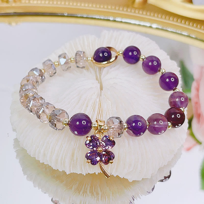 Fortune Jewel Amethyst Crystal Four Leaf Clover Healing Charm Bracelet