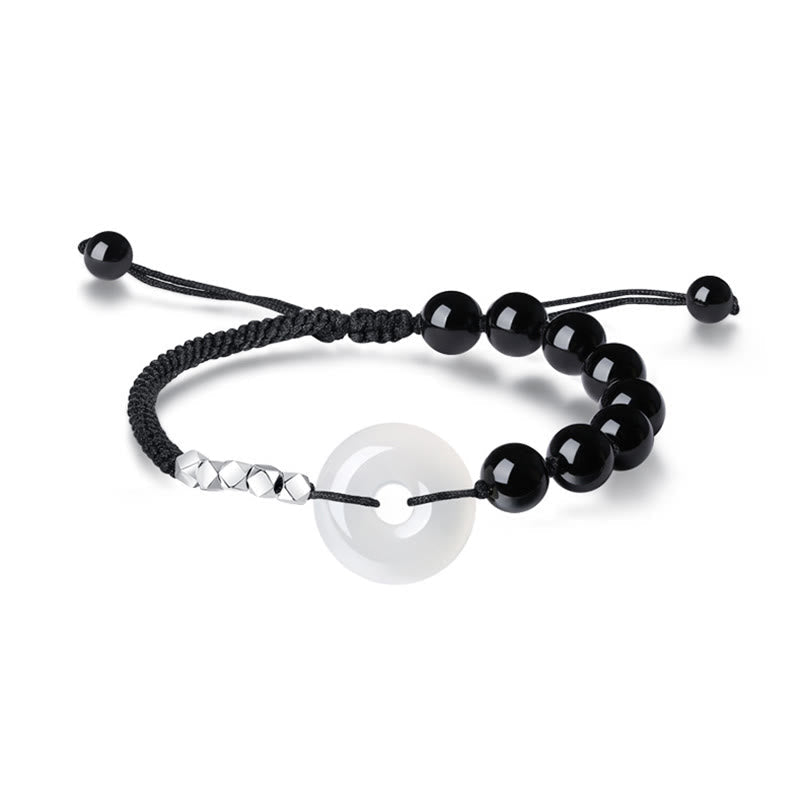 Fortune Jewel 925 Sterling Silver Black Obsidian Agate Peace Buckle Strength Bracelet