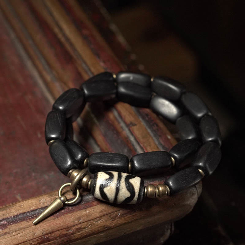 Fortune Jewel Tibet Ebony Wood Dzi Bead Copper Balance Double Wrap Bracelet