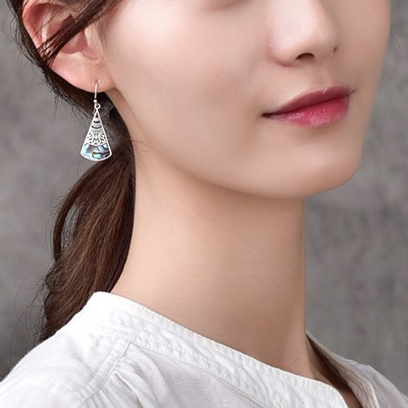 Fortune Jewel Copper Tridacna Stone Hollow Pattern Blessing Drop Earrings