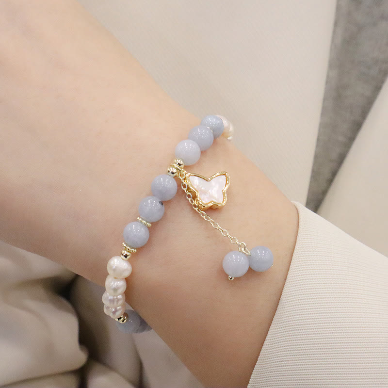Fortune Jewel Natural Aquamarine Pearl Healing Ginkgo Leaf Butterfly Charm Bracelet