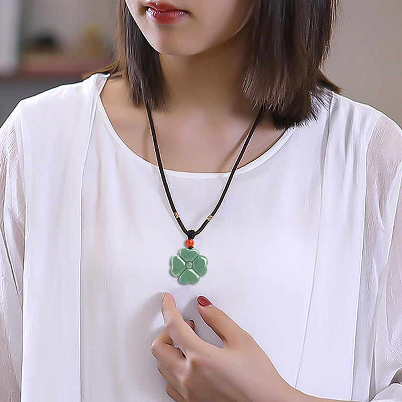 Fortune Jewel Natural Lucky Four Leaf Clover Jade Prosperity Necklace Pendant