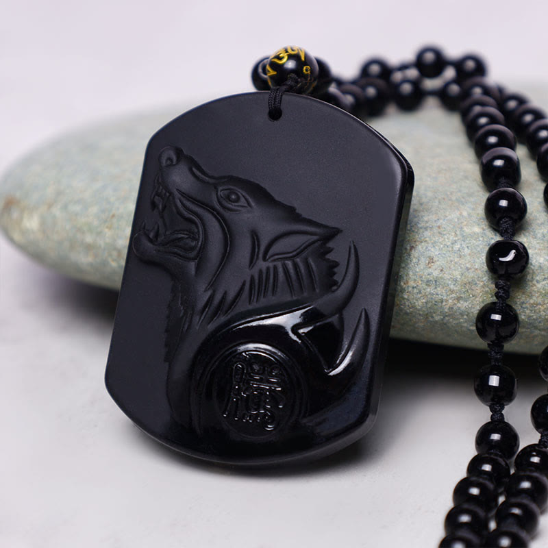 Fortune Jewel Black Obsidian Stone Wolf Purification Pendant Necklace