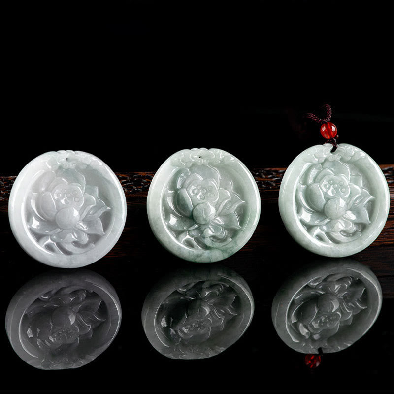 Fortune Jewel Natural Jade Lotus Flower Carved Prosperity Necklace Pendant Fortune Jewel