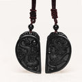 Fortune Jewel Black Obsidian Love Dragon Phoenix Protection Necklace Pendant