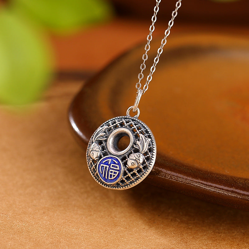 Fortune Jewel 999 Sterling Silver Koi Fish Fu Character Lotus Peace Buckle Wealth Necklace Pendant Fortune Jewel
