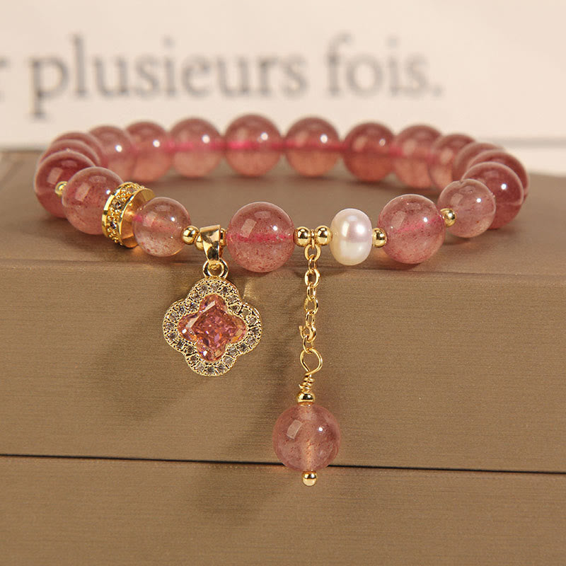 Fortune Jewel Strawberry Quartz Pearl Four Leaf Clover Charm Healing Bracelet
