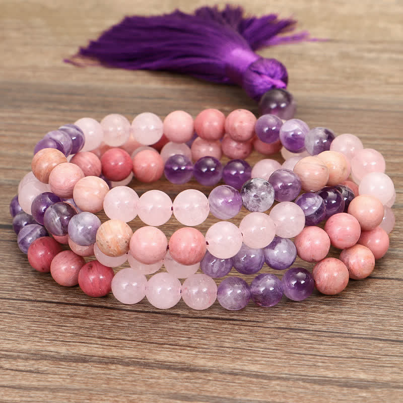 Fortune Jewel 108 Mala Beads Amethyst Rose Quartz Spiritual Healing Tassel Bracelet