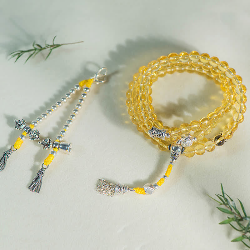 Fortune Jewel 108 Mala Beads 925 Sterling Silver Natural Citrine Red Agate White Jade Prosperity Charm Bracelet