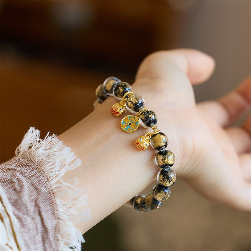 Fortune Jewel Gold Swallowing Beast Copper Coin Good Luck Charm Liuli Glass Bead Fortune Bracelet