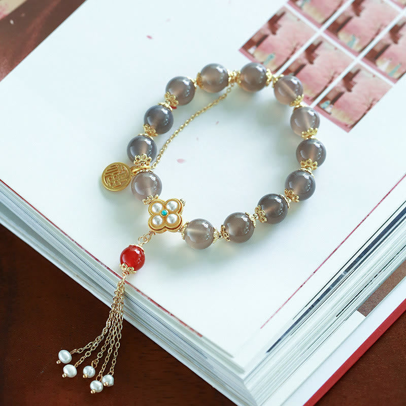 Fortune Jewel Natural Gray Agate Fu Character Pearl Tassel Balance Bracelet