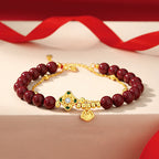 Fortune Jewel 925 Sterling Silver Natural Cinnabar Four Leaf Clover Flower Blessing Chain Bracelet