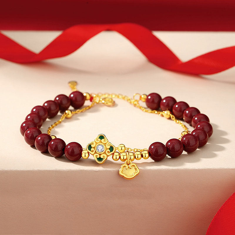 Fortune Jewel 925 Sterling Silver Natural Cinnabar Four Leaf Clover Flower Blessing Chain Bracelet