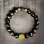 Fortune Jewel 925 Sterling Silver Chinese Zodiac Natal Buddha Natural Gold Sheen Obsidian Amber Wealth Protection Bracelet