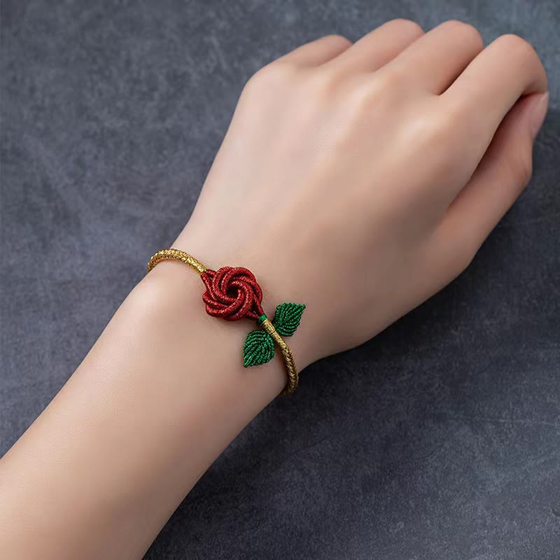 Fortune Jewel Rose Flower Rope Eight Thread Peace Knot Luck Handmade Bracelet