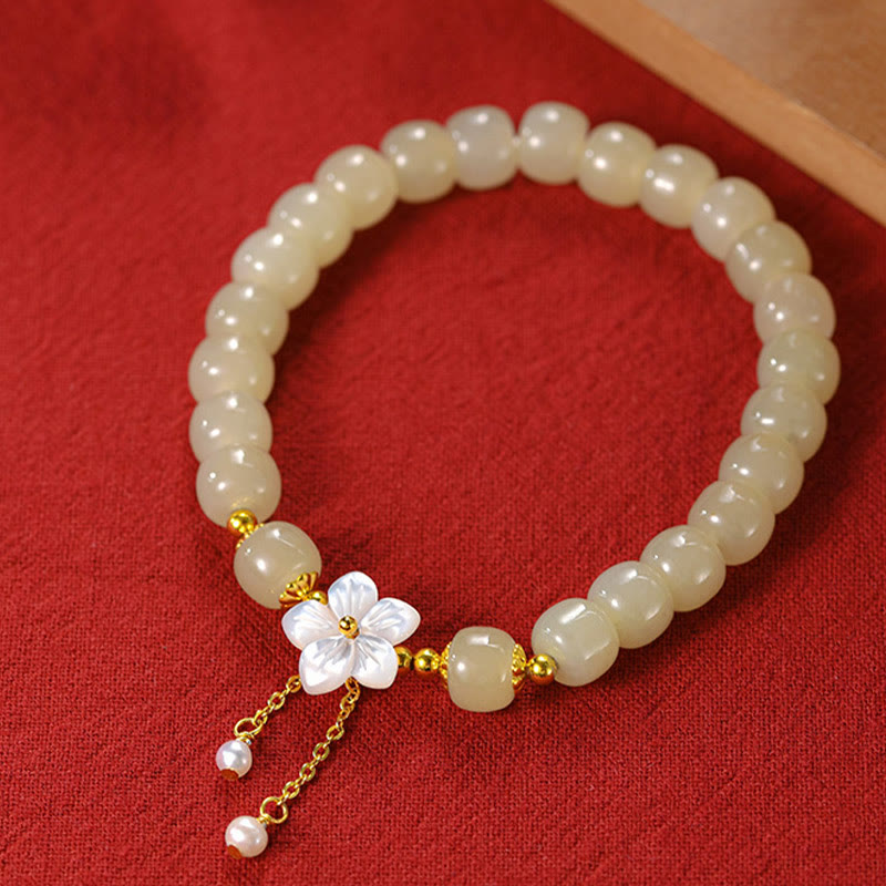 Fortune Jewel 925 Sterling Silver Natural Hetian Jade Luck Flower Bracelet