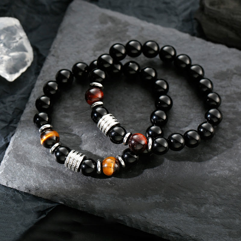 Fortune Jewel Natural Black Obsidian Tiger Eye Strength Fulfillment Bracelet