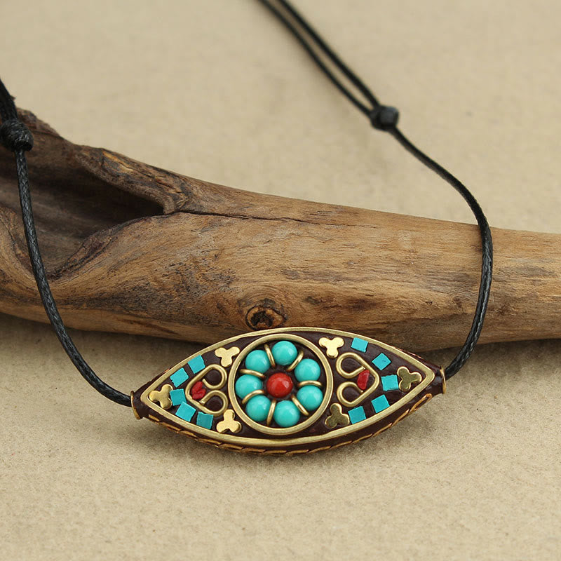 Fortune Jewel Tibet Turquoise Bead Marquise Pattern Protection Strength Necklace Pendant