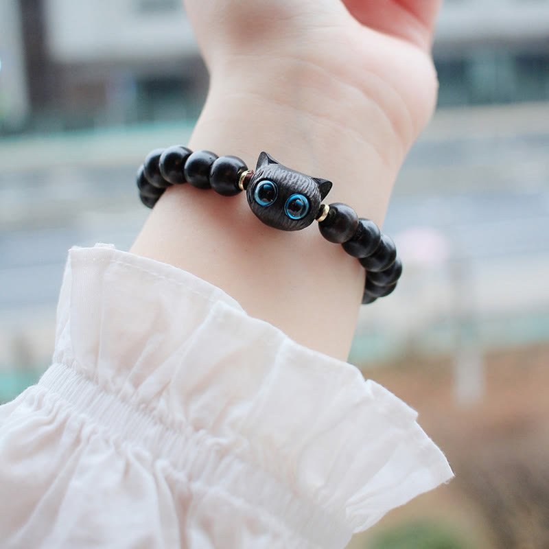 Fortune Jewel Ebony Wood Green Sandalwood Cute Cat Peace Bracelet