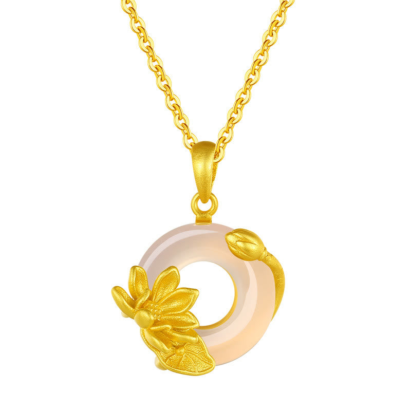 Fortune Jewel Natural White Chalcedony Peace Buckle Lotus Pendant S925 Sterling Silver Necklace