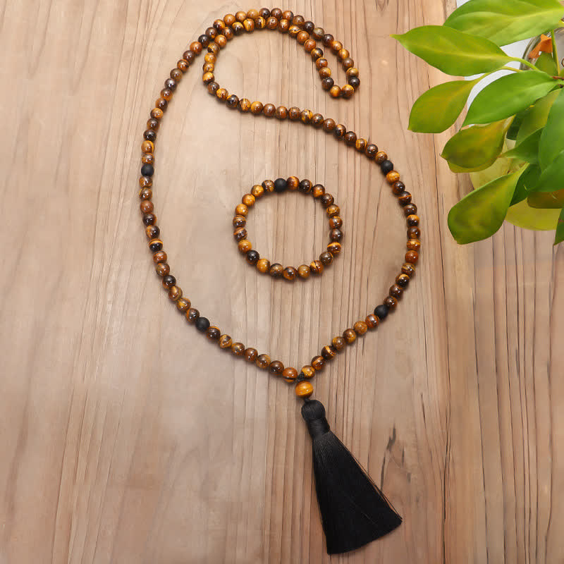 Fortune Jewel 108 Beads Mala Tiger Eye Protection Tassel Bracelet