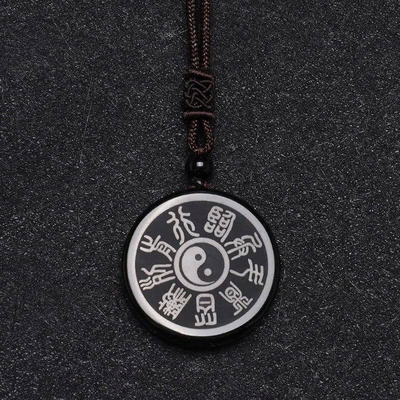 Fortune Jewel Black Obsidian Taoism Five Sacred Mountains Nine-Character Mantra Carved Purification Yin Yang Necklace Pendant